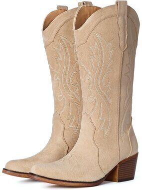 Women's Orange Mid Calf Snip Toe Western Cowgirl Faux Leather Heeled Boots